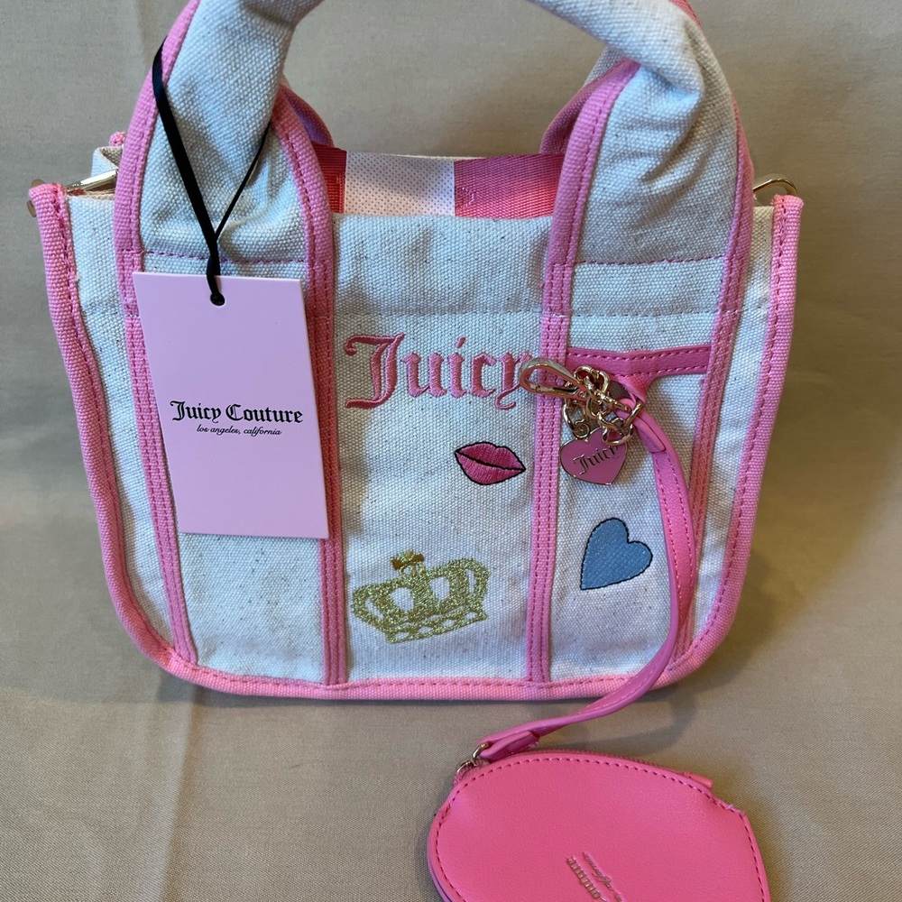 Juicy Couture Pink and Cream Canvas Tote with Heart & Crown Embroidery